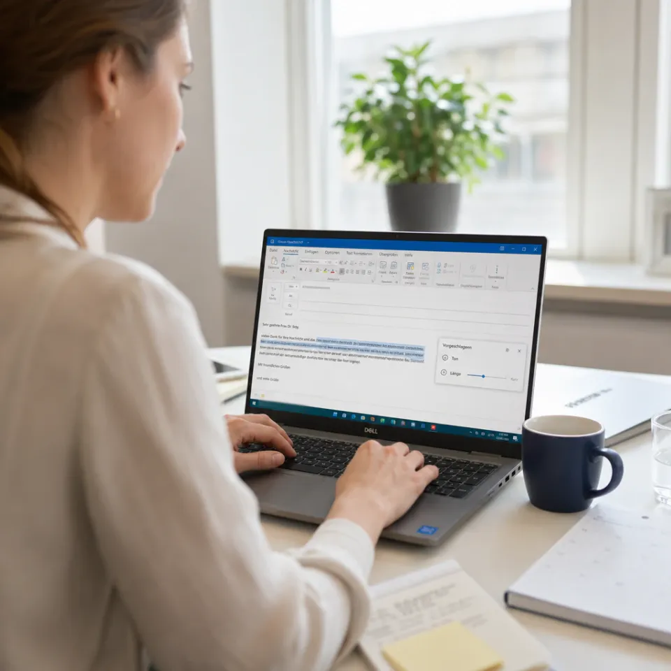 Eine Büroangestellte markiert einen Absatz in einem Outlook-E-Mail-Entwurf, daneben schlägt Copilot eine Anpassung von Ton und Länge vor.