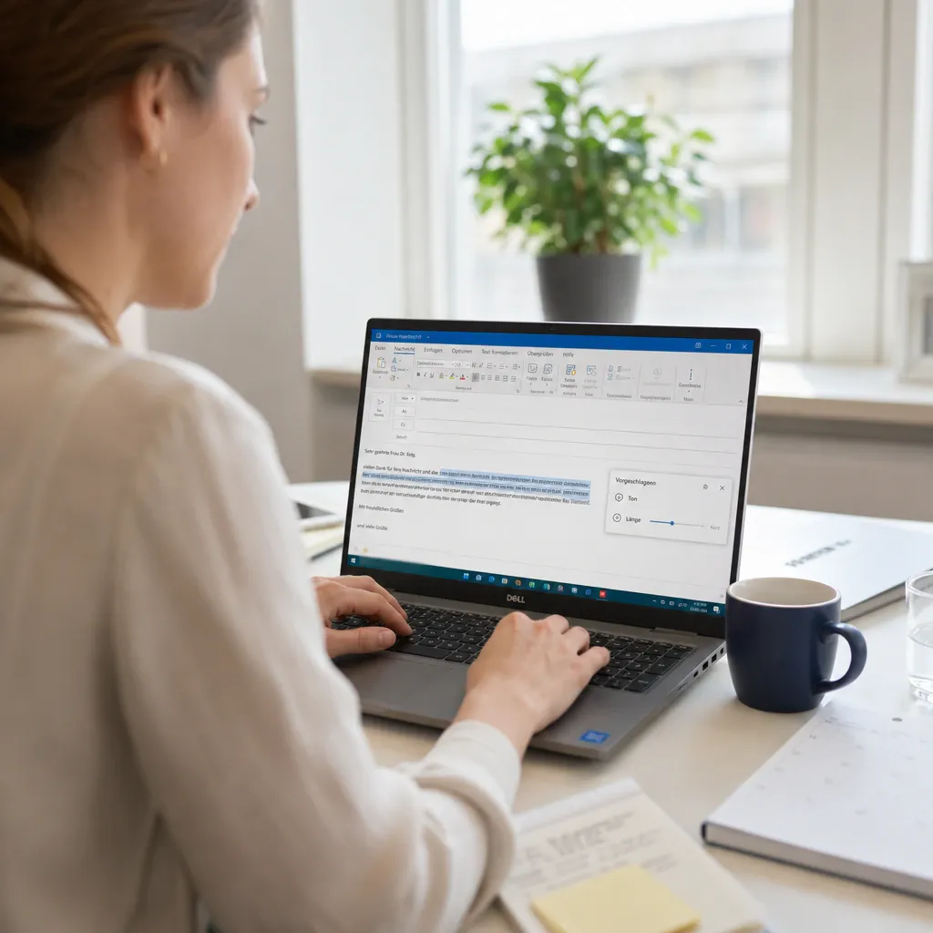 An office worker highlights a paragraph in an Outlook email draft while Copilot suggests a change in tone and length.