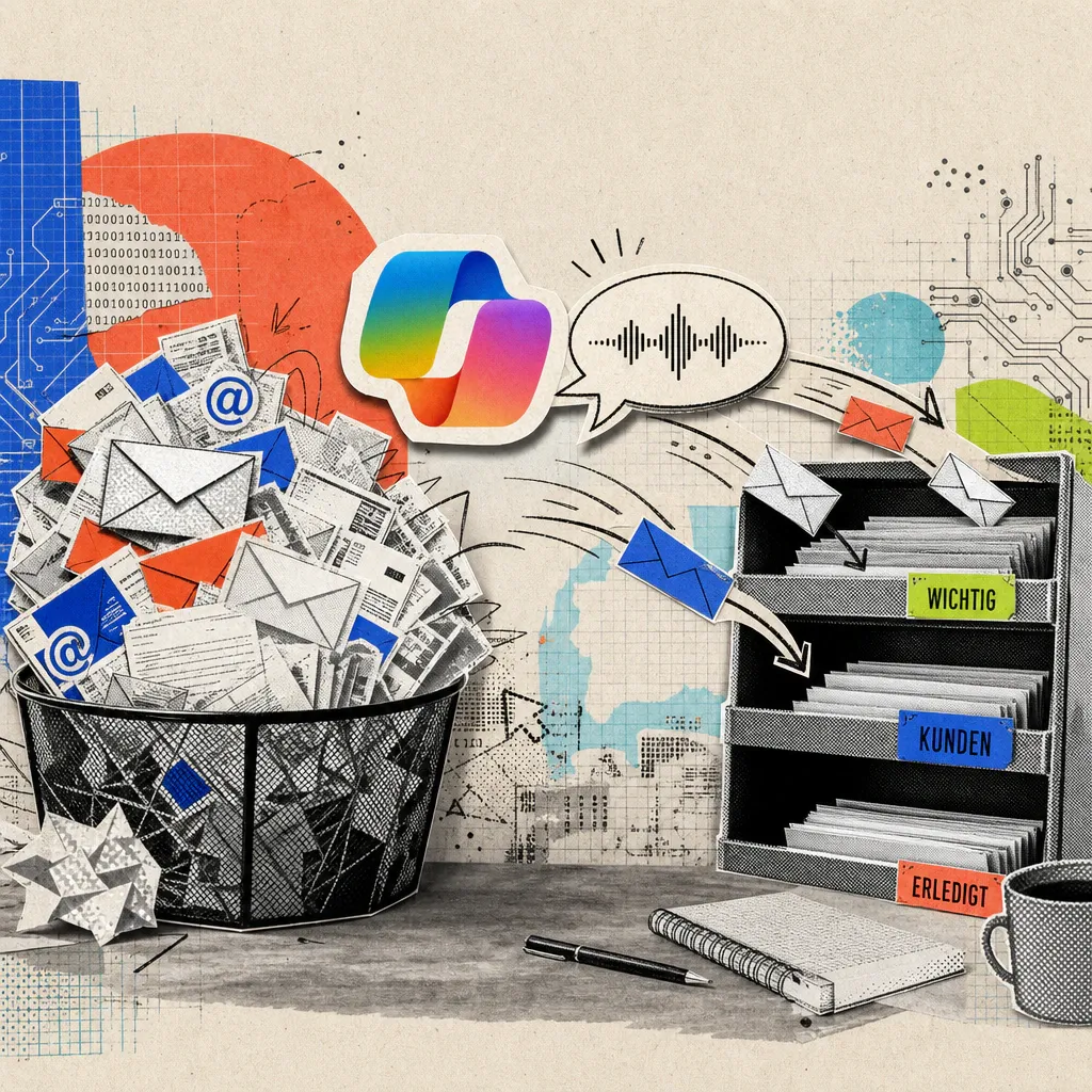 A Microsoft Copilot logo sticker floats over a desk while a speech bubble with sound waves sorts letters into labeled filing trays as an overflowing inbox tray empties.