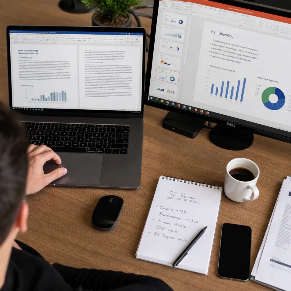Schreibtisch mit Laptop, auf dessen Bildschirm ein Word-Dokument mit einem Quartalsbericht zu sehen ist, daneben ein zweiter Monitor mit einer PowerPoint-Folienübersicht.