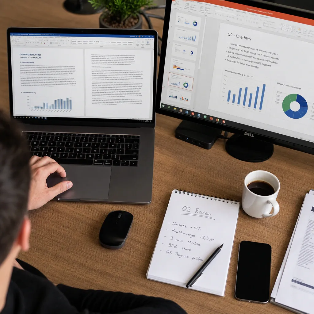Schreibtisch mit Laptop, auf dessen Bildschirm ein Word-Dokument mit einem Quartalsbericht zu sehen ist, daneben ein zweiter Monitor mit einer PowerPoint-Folienübersicht.