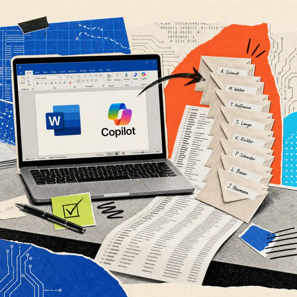 Ein Laptop zeigt ein Word-Dokument mit dem Copilot-Logo, daneben liegt ein Stapel personalisierter Briefumschläge mit unterschiedlichen Namen, aufgefächert aus einer Adressliste.