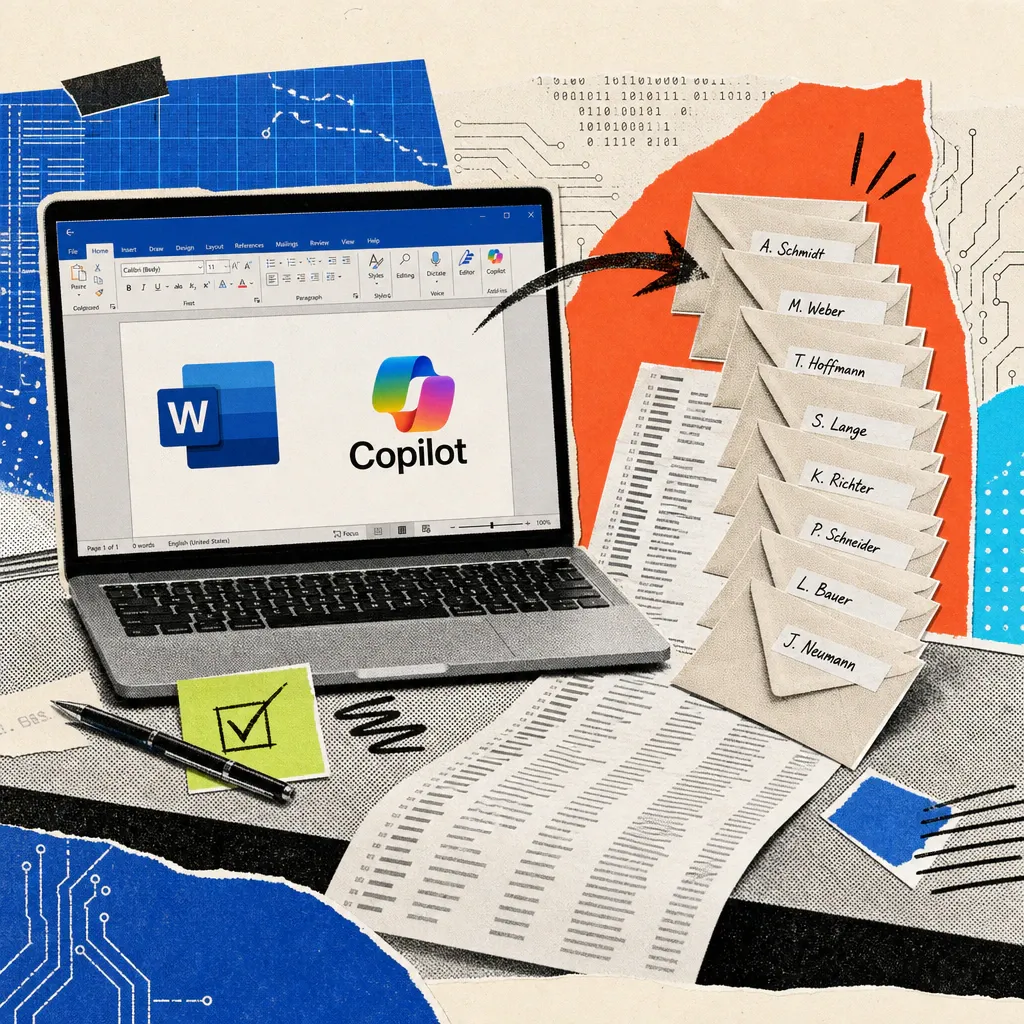 A laptop displays a Word document with the Copilot logo, next to it is a stack of personalized envelopes with different names, fanned out from a mailing list.