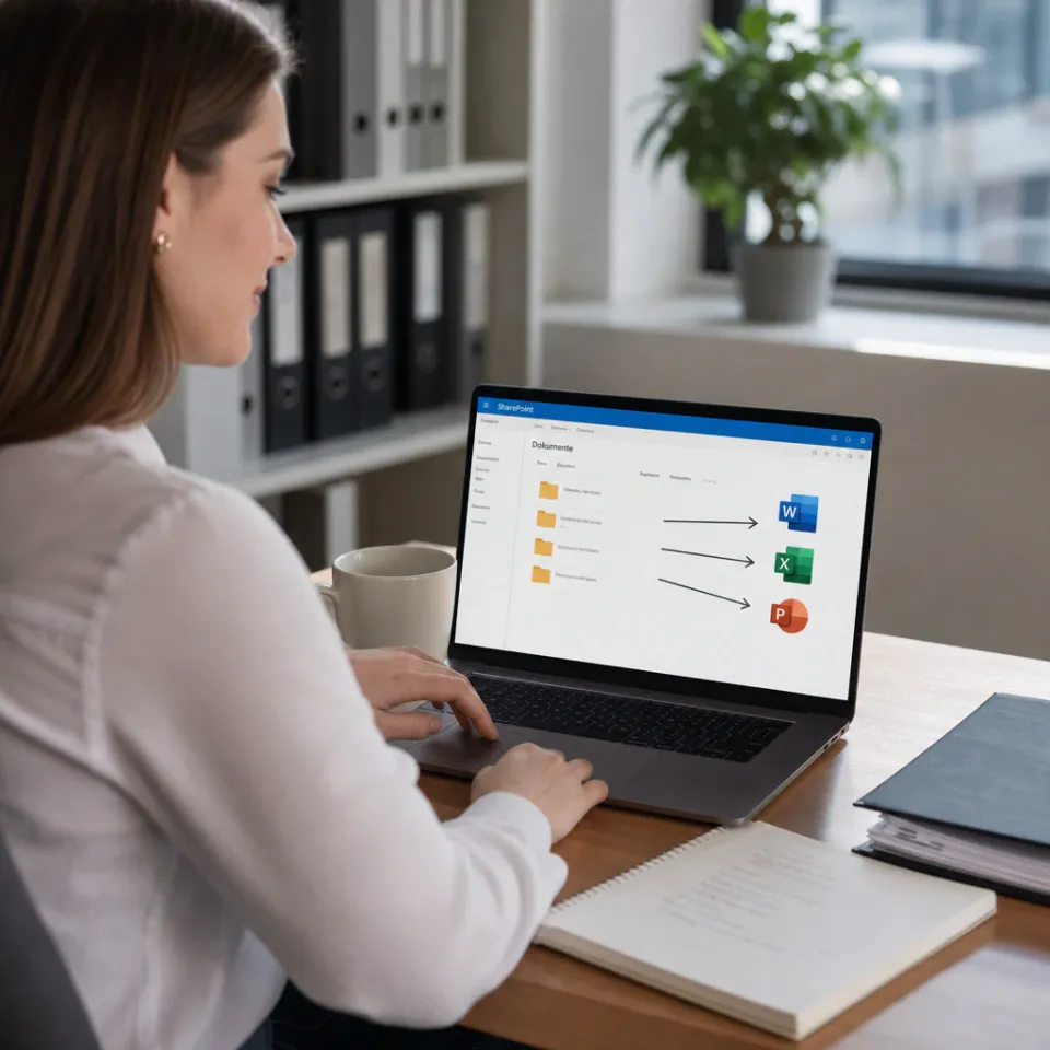 Büroangestellte am Schreibtisch, auf deren Laptop-Bildschirm sich ein SharePoint-Ordnersymbol in fertige Word-, Excel- und PowerPoint-Dateisymbole verwandelt.