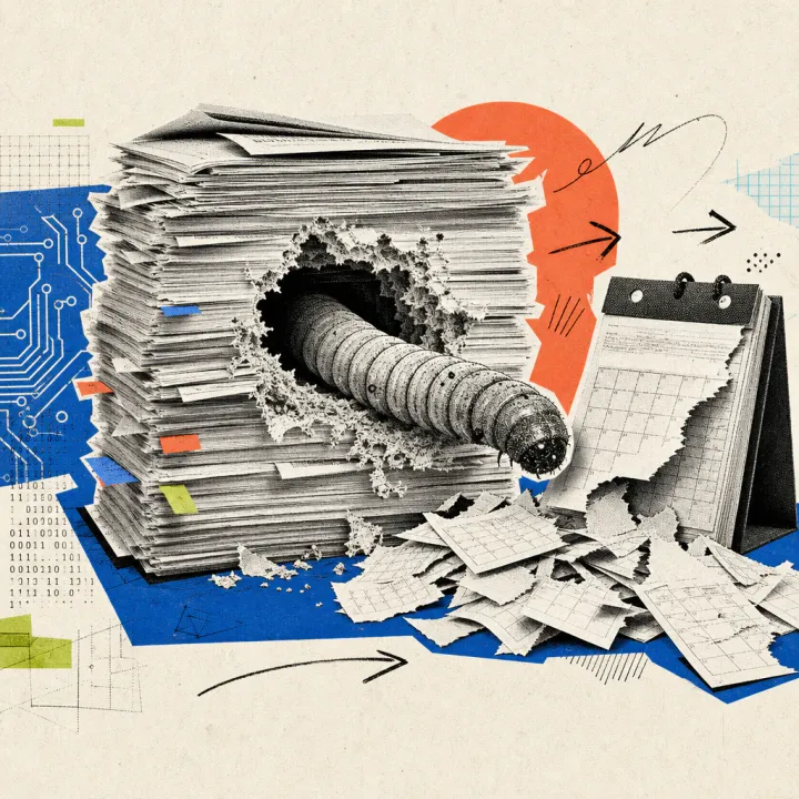 A worm eats through a tall stack of documents, leaving a frayed hole; beside it a tear-off calendar with many fallen pages