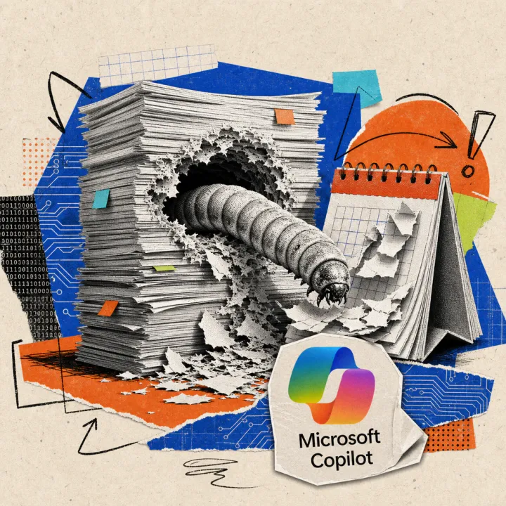 Ein Wurm frisst sich durch einen hohen Stapel Dokumente und hinterlässt ein ausgefranstes Loch; daneben ein Abreißkalender mit vielen abgerissenen Blättern und das Microsoft-Copilot-Logo