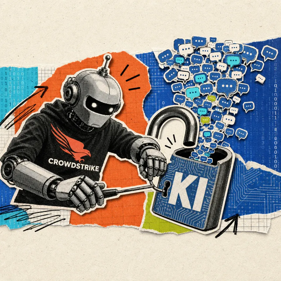 Ein Roboter mit CrowdStrike-Falken-Logo auf der Brust hebelt mit einem Dietrich ein digitales Vorhängeschloss mit der Aufschrift „KI“ auf, aus dem winzige Chat-Sprechblasen rieseln.