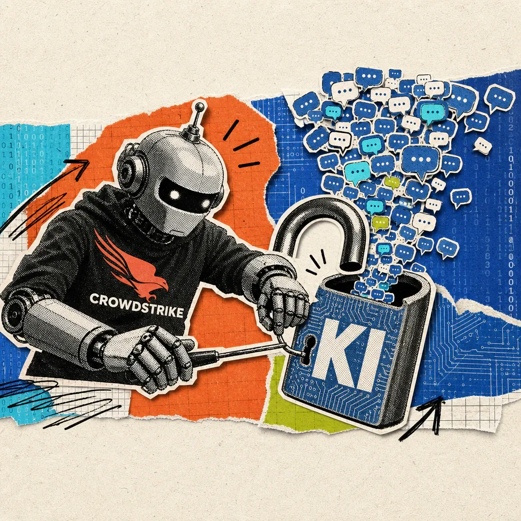 A robot with a CrowdStrike falcon logo on its chest picks a digital padlock labeled “AI” with a lockpick, spilling tiny chat speech bubbles.