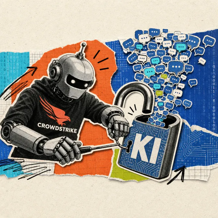 A robot with a CrowdStrike falcon logo on its chest picks a digital padlock labeled “AI” with a lockpick, spilling tiny chat speech bubbles.