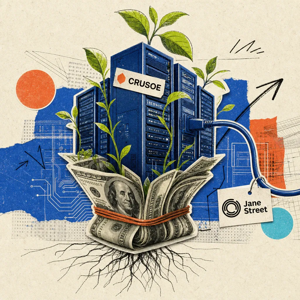 A data center of blue server racks grows like a plant out of a bundle of banknotes, a Crusoe logo sticker is stuck to one rack, and a Jane Street logo sticker hangs on a cable leading out of it.