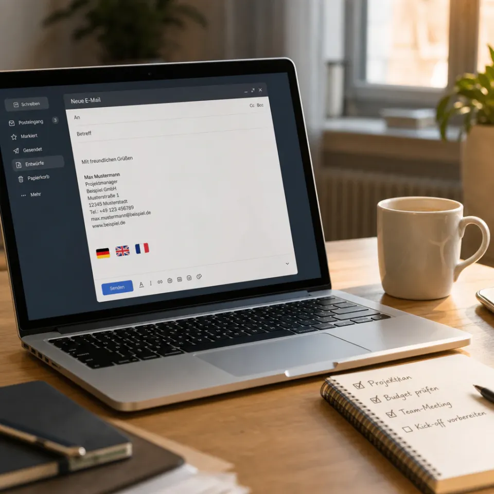 Desk with a laptop showing an email with flag icons for German, English and French on screen