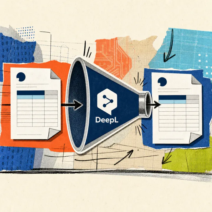 A file document with a table and company logo travels through a funnel bearing the DeepL logo and comes out the other side in a different language, but with the same table and the same layout.