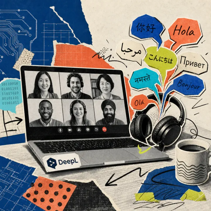 A laptop screen shows a video conference, colorful speech bubbles in different languages rise from a headset, and a DeepL logo sticker is stuck on the laptop cover.