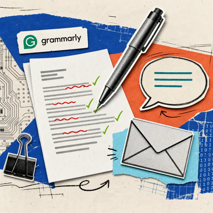 A business letter with red correction squiggly lines under several words, above it an oversized pen that turns the lines into green checkmarks, next to it an envelope symbol.