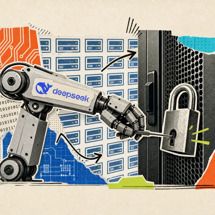 A robotic arm with a DeepSeek logo sticker picks a padlock on a server rack door with a lockpick, with a grid of many small server icons in the background.