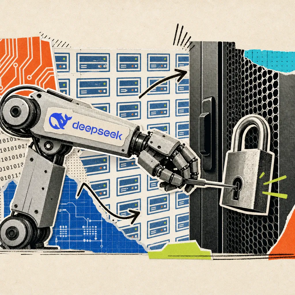 A robotic arm with a DeepSeek logo sticker picks a padlock on a server rack door with a lockpick, with a grid of many small server icons in the background.