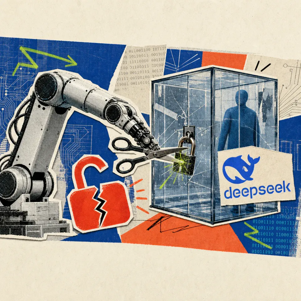 A robotic arm cuts through the lock of a glass cage from the inside, on which a DeepSeek logo sticker is stuck, next to it shines a broken red padlock symbol.
