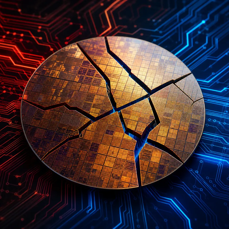 Abstract geometric representation of a fragmented semiconductor wafer with circuit patterns in gold and copper tones