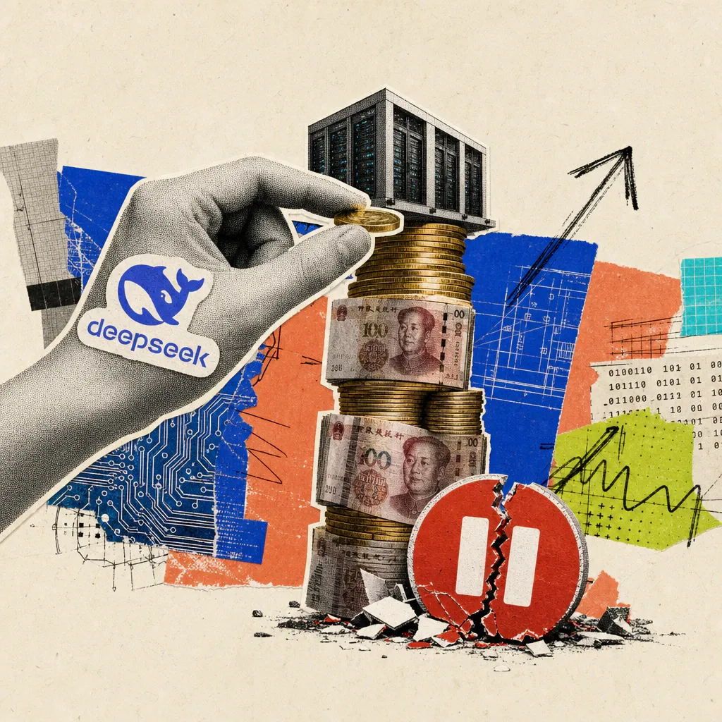A hand with a DeepSeek logo sticker stacks coins and banknotes into a tower topped by a data center, with a broken red pause icon lying at its base