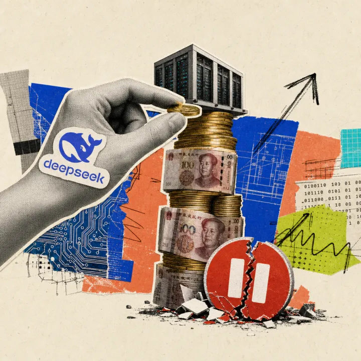 A hand with a DeepSeek logo sticker stacks coins and banknotes into a tower topped by a data center, with a broken red pause icon lying at its base