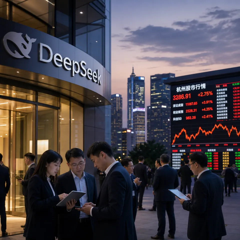 Entrance of an office complex with DeepSeek signage in a Chinese financial metropolis, in the background a stock market ticker with Chinese characters