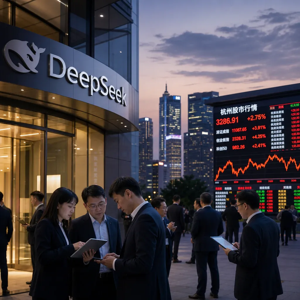 Entrance of an office complex with DeepSeek signage in a Chinese financial metropolis, in the background a stock market ticker with Chinese characters