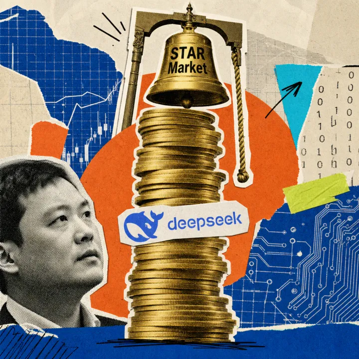 Ein Münzturm mit dem DeepSeek-Logo wächst bis zu einer Börsenglocke mit der Aufschrift STAR Market.