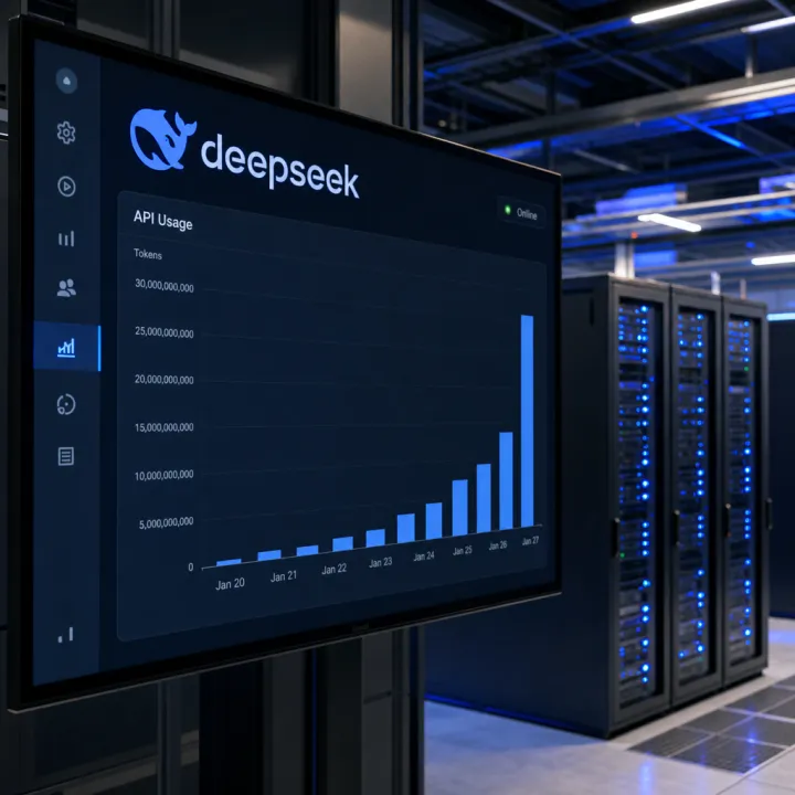 A bar chart with a sharp upward spike on a monitor next to the DeepSeek logo in a data center symbolizes the score jump of V4 Flash 0731.