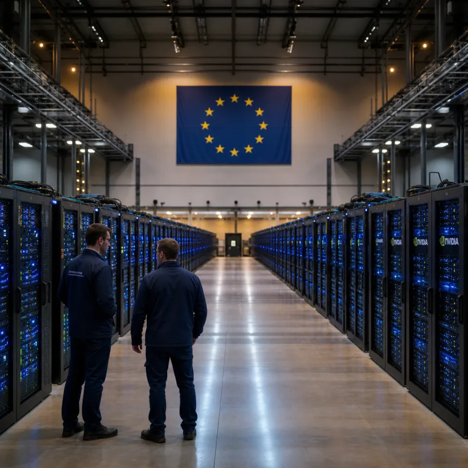Hall of a European AI data center with long rows of illuminated GPU server racks and an EU flag on the far wall