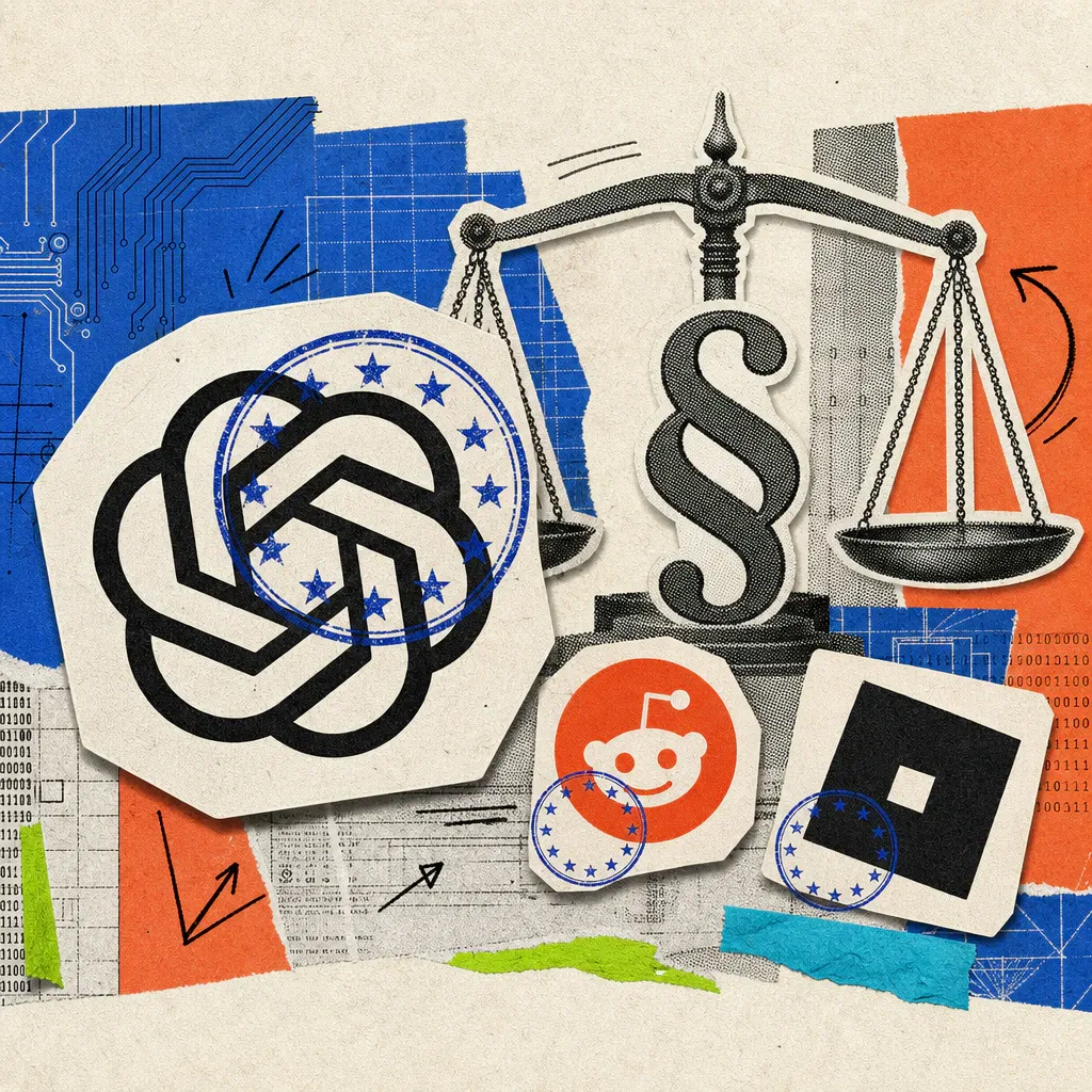 Ein EU-Sternenstempel prägt sich auf das ChatGPT-Logo, daneben tragen kleinere Logo-Sticker von Reddit und Roblox denselben Stempelabdruck, im Hintergrund eine Waage mit Paragrafenzeichen.