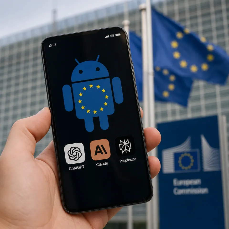 Symbolic depiction of an Android smartphone with AI assistant app icons and an EU star circle in the background in front of the European Commission