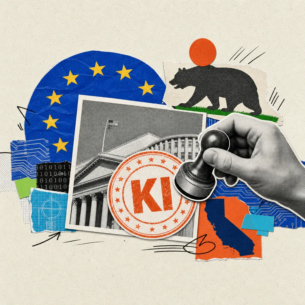 Ein rundes Prüfsiegel mit der Aufschrift „KI" wird auf ein Foto gestempelt, umgeben von einem Ring aus EU-Sternen und der Silhouette eines kalifornischen Bären.