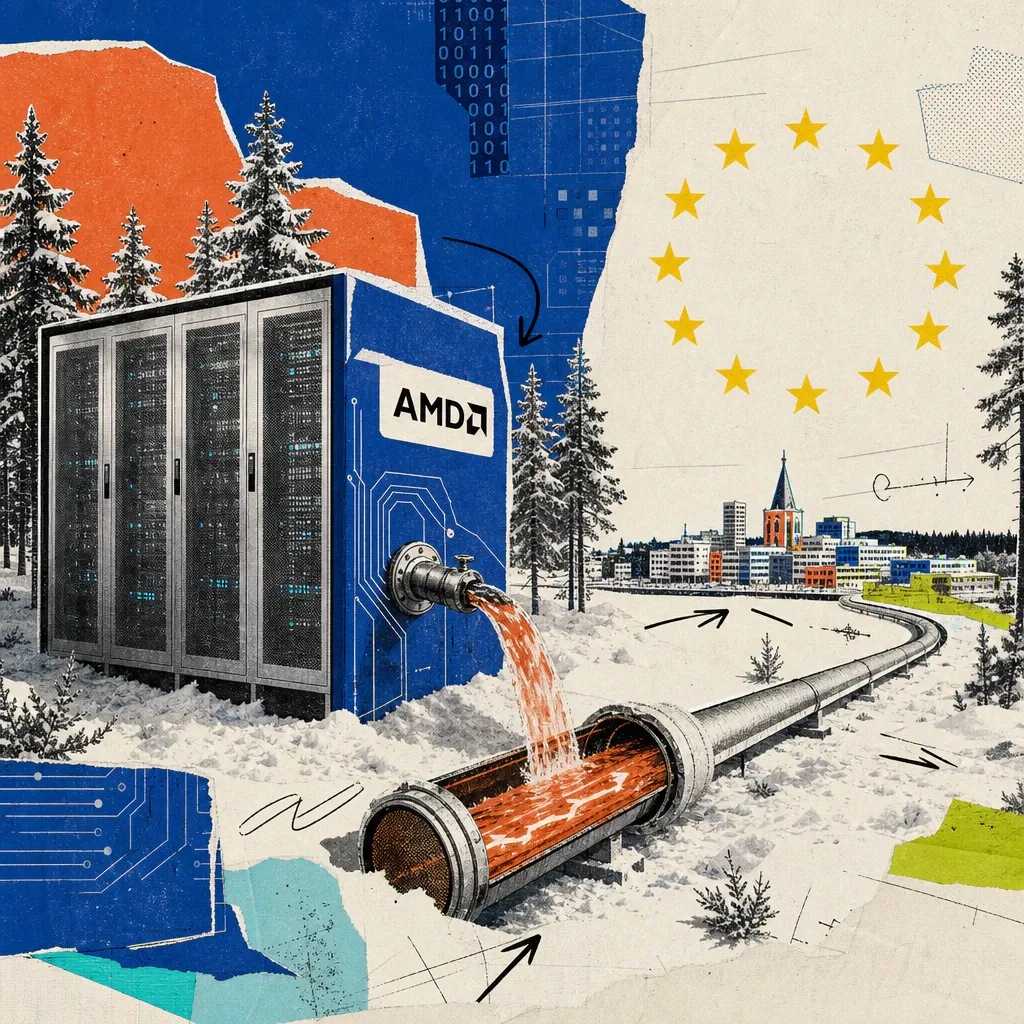 Ein Supercomputer-Rechnerschrank mit AMD-Logo-Aufkleber steht in einer verschneiten finnischen Kiefernlandschaft, aus einem Rohr fließt warmes Wasser in ein Fernwärmerohr Richtung Stadt, darüber ein Ring aus zwölf gelben EU-Sternen.