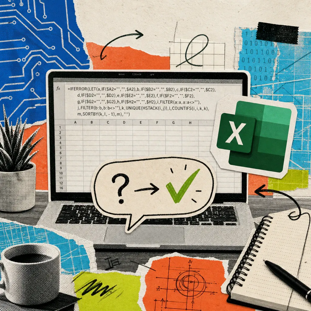 A laptop screen shows an Excel table with a long formula, next to it an Excel logo sticker and a speech bubble in which a question mark turns into a checkmark