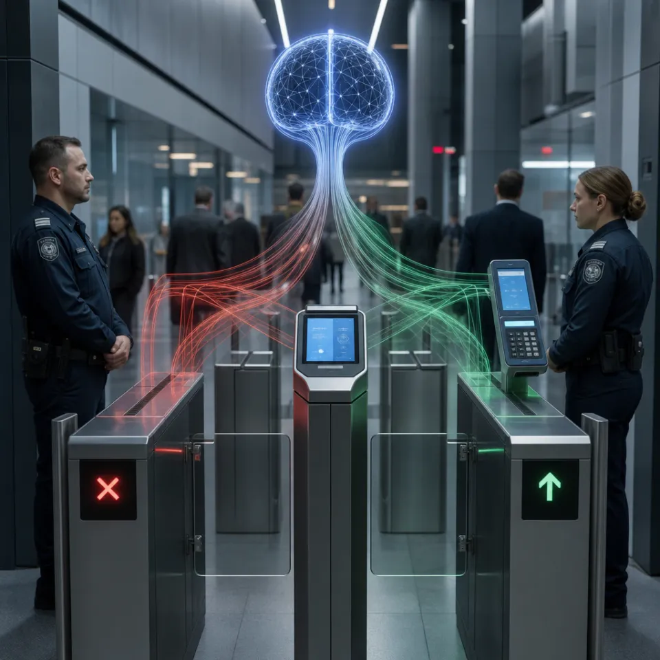 Regulatory security checkpoint transforming into financial transaction nodes
