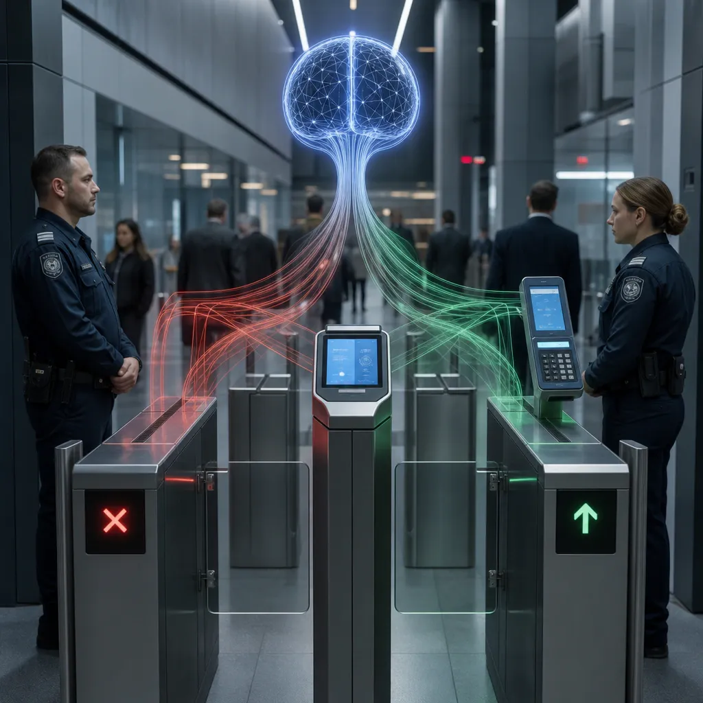 Regulatory security checkpoint transforming into financial transaction nodes