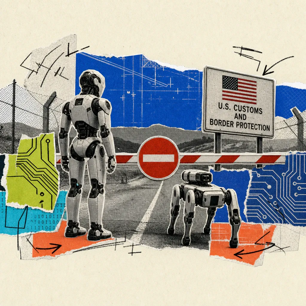 A humanoid robot and a robotic dog stand in front of a closed border barrier with a red prohibition symbol, in the background a customs sign with the US flag.