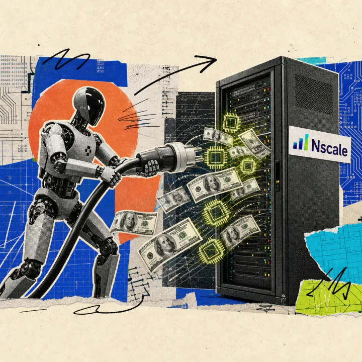 A humanoid robot from Figure plugs an oversized cable into a server cabinet with an Nscale sticker, from which chips and dollar bills flow.
