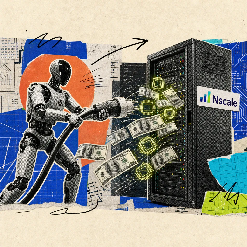 A humanoid robot from Figure plugs an oversized cable into a server cabinet with an Nscale sticker, from which chips and dollar bills flow.