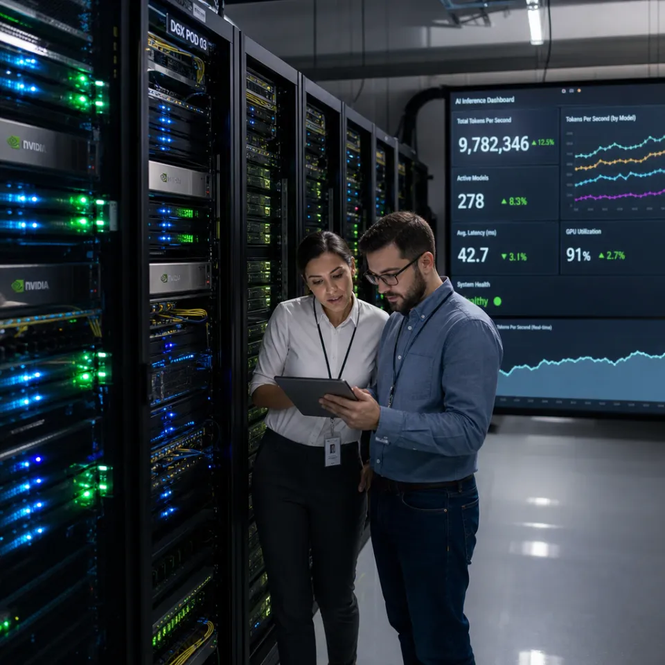 Serverraum mit GPU-Racks und Monitoren, die Kennzahlen zum KI-Token-Durchsatz von Fireworks AI zeigen