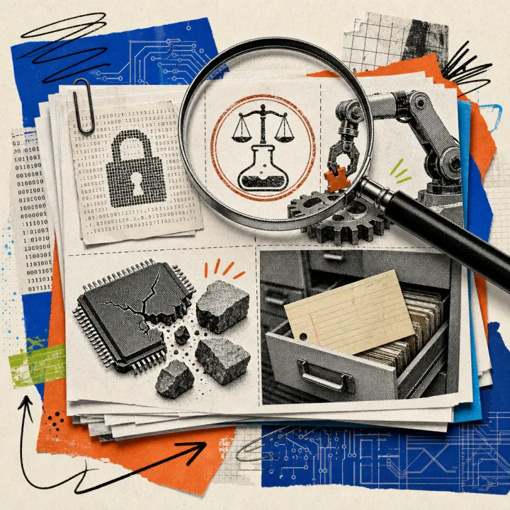 A magnifying glass hovers over a stack of technical papers with five cutouts: a sheet whose ASCII character pattern forms a hidden padlock, a certification seal with a scale symbol over a chemistry flask, a robotic arm fitting a crooked block into a gear system, a computer chip crumbling into three coarse stone blocks, and an open file drawer from which a yellowed index card is pulled instead of a fresh one.