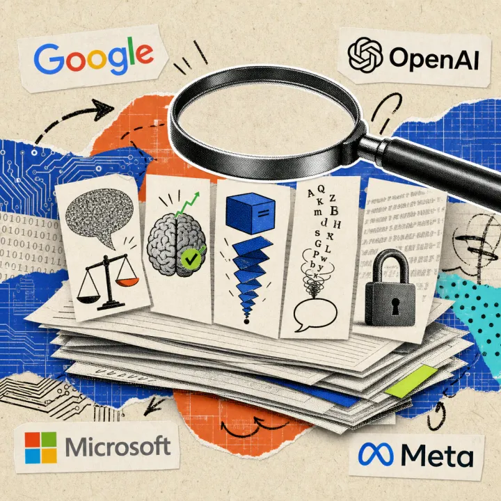 A magnifying glass hovers over a stack of research papers from which five symbols emerge: a noisy speech bubble tips a scale from neutral to biased, a brain icon carries a checkmark and an upward arrow, a data box folds accordion-style into a single point, a chain of letters condenses into a single concept speech bubble, and a padlock stands before a fading, repeating strip of text.