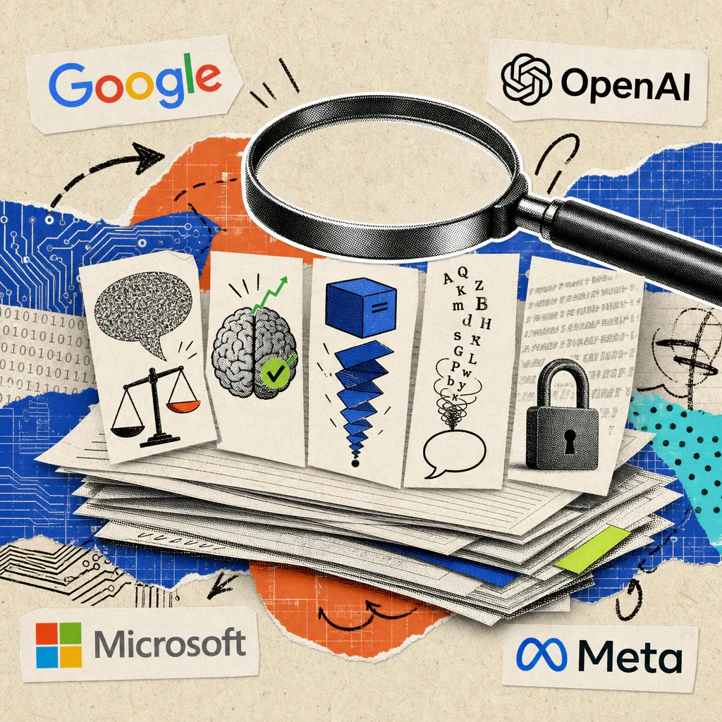 A magnifying glass hovers over a stack of research papers from which five symbols emerge: a noisy speech bubble tips a scale from neutral to biased, a brain icon carries a checkmark and an upward arrow, a data box folds accordion-style into a single point, a chain of letters condenses into a single concept speech bubble, and a padlock stands before a fading, repeating strip of text.