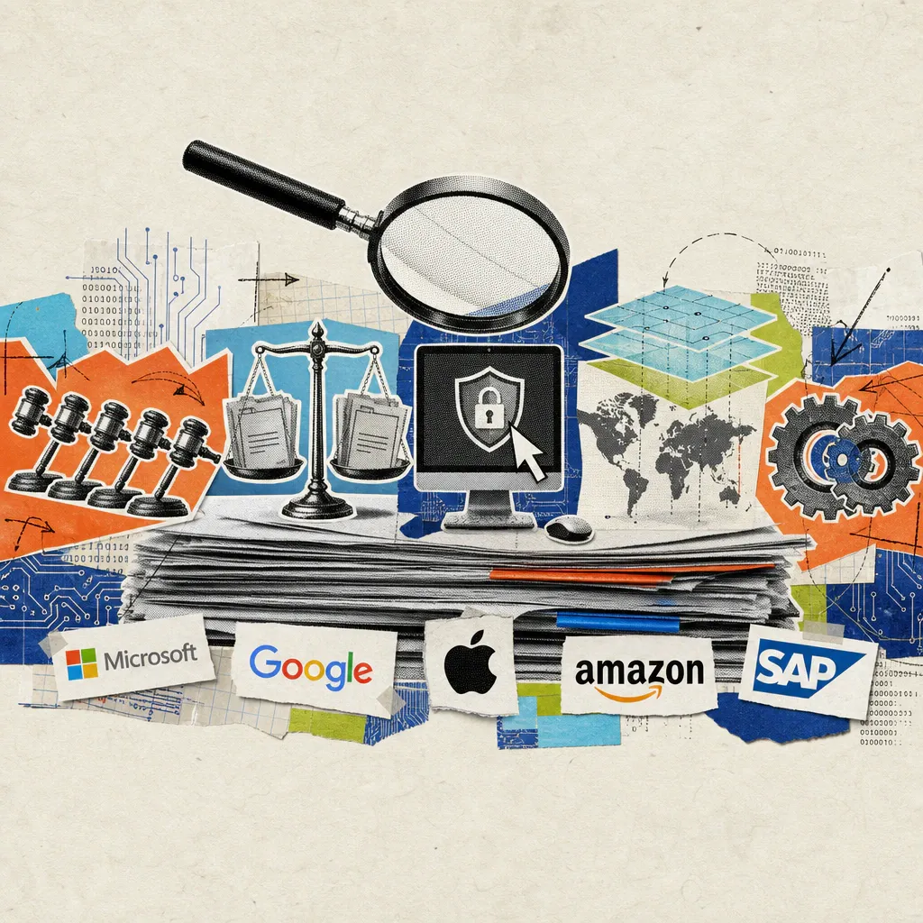 A magnifying glass hovers over a stack of academic papers, from which five symbols protrude: several identical gavel hammers in a row, a scale with application folders on both sides, a computer screen with a shield and mouse pointer, a world map with transparent filter layers above it, and two gears sharing a common core.