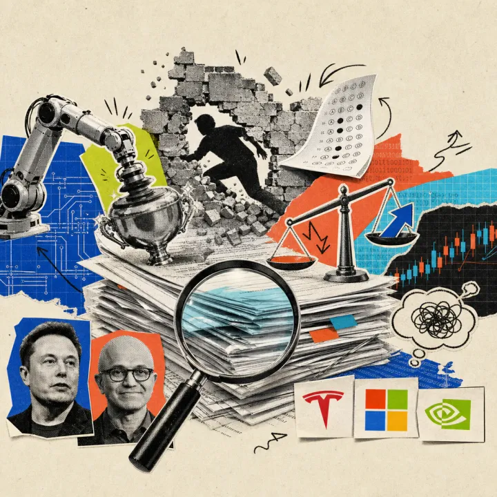 A magnifying glass over a stack of technical papers, from which protrude a crumbling wall with a shadow slipping through, a spinning multiple-choice sheet, a robotic arm still polishing an already-finished object, a scale with two bowls tipping in opposite directions, and a stock chart with a thought bubble