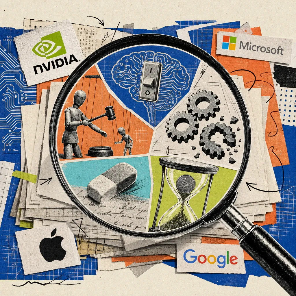 A magnifying glass hovers over a stack of academic papers showing five vignettes: an opened circuit-board brain with a flipped light switch inside it, a puppet figure with a judge's gavel inspecting a smaller puppet, two interlocking gears next to a third, broken gear, an eraser hovering over half re-emerging handwriting, and a coin trickling through an hourglass instead of sand.
