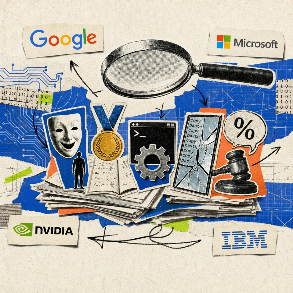 A magnifying glass hovers over a stack of academic papers, from which five symbols protrude: a theater mask in front of a small human figure, a gold medal over an open math proof, a terminal window with a gear, a shattering mirror with repeating lines of text, and a judge's gavel next to a speech bubble with a percent sign.