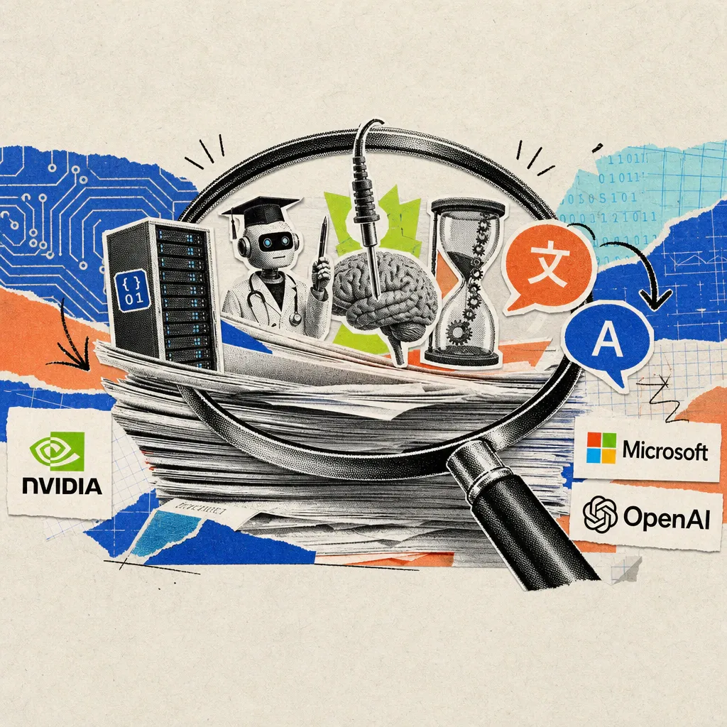 A magnifying glass hovers over a stack of academic papers, from which five symbols protrude: a server rack with a tiny byte symbol, a robot with a doctoral hat and pen, a measuring probe diving into a stylized brain, an hourglass with a built-in gear chain, and two speech bubbles connected by an arrow with different characters
