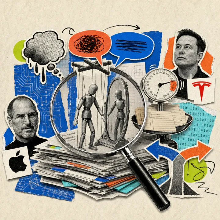 A magnifying glass over a stack of research papers, from which a marionette in front of a mirror with two contradictory speech bubbles, a dripping thought bubble, a scale with a wavering needle over index cards, and a fork in the road with two arrows emerge