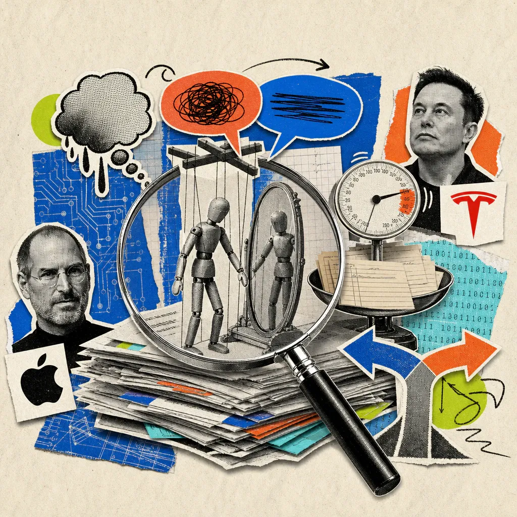 A magnifying glass over a stack of research papers, from which a marionette in front of a mirror with two contradictory speech bubbles, a dripping thought bubble, a scale with a wavering needle over index cards, and a fork in the road with two arrows emerge